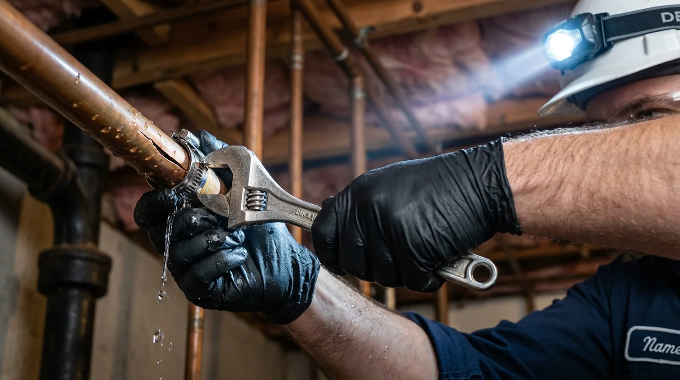 Emergency pipe clamp repair being performed by a Johns Plumbing LLC plumber in Strasburg