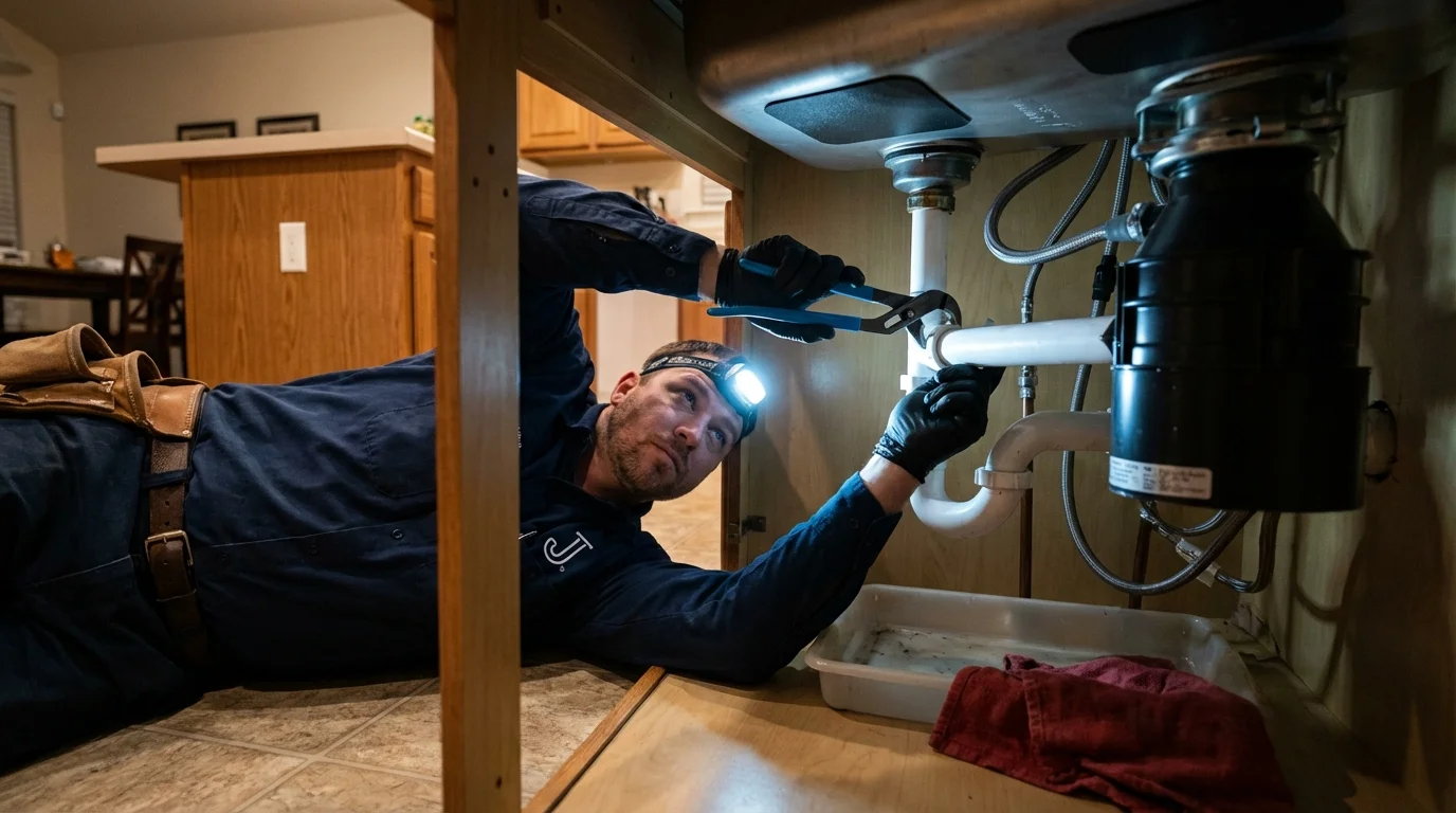 P-trap and supply line connections under a kitchen sink showing a common leak point in Strasburg, PA
